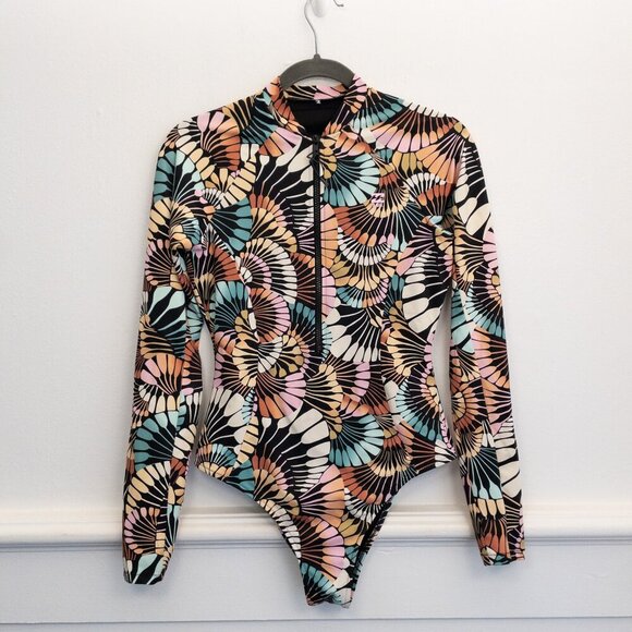 Billabong A/Div Long Sleeve Swimsuit Small Retro Print Surf Suit Rashguard Zip - Picture 1 of 3